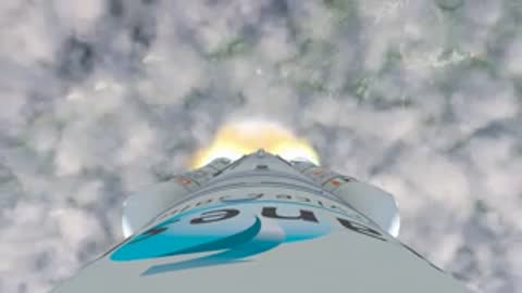 First-person perspective looking up past the rocket nose cone into clouds