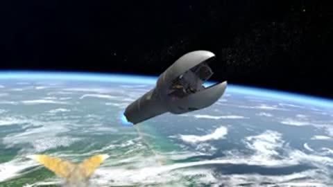 Animation showing the rocket payload fairing separating in Earth orbit