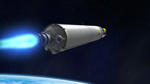 Animation of the upper stage rocket engine firing in space above Earth