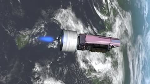Animation of the spacecraft and upper stage moving across cloudy Earth surface