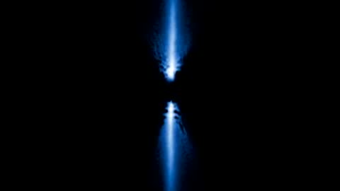 Animation of galaxy spinning with bright blue energy jets.