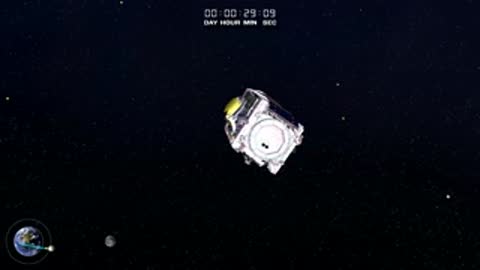 Animation of space telescope in orbit with Earth and Moon graphic.