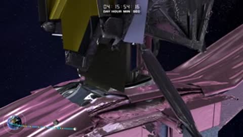 Close-up animation of mechanical latch releasing on telescope sunshield arm.