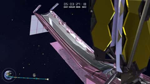 Close-up animation of silver sunshield membrane layers unrolling and tensioning.