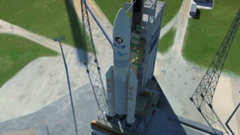 Aerial shot looking down at the Ariane 5 rocket on the launch pad