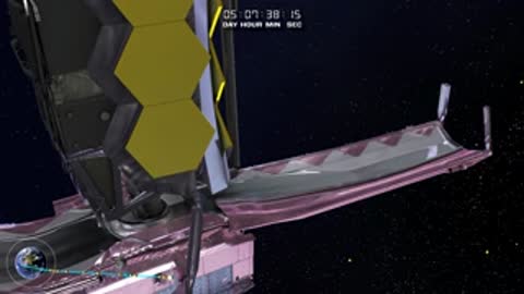Close-up animation of sunshield material being tensioned into position.