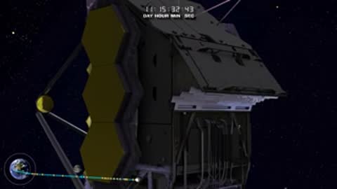 Close-up animation of JWST mechanism extending panels against the dark background.