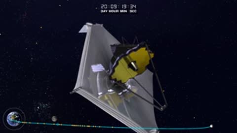 Animation of JWST drifting through space with fully deployed sunshield and mirror.