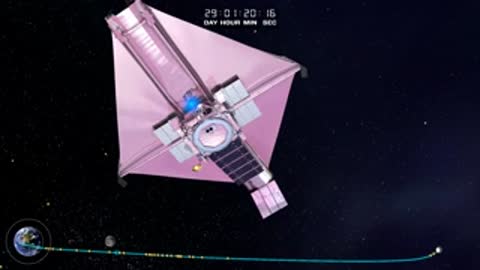 Animation of JWST viewed from below showing pink sunshield and spacecraft bus.