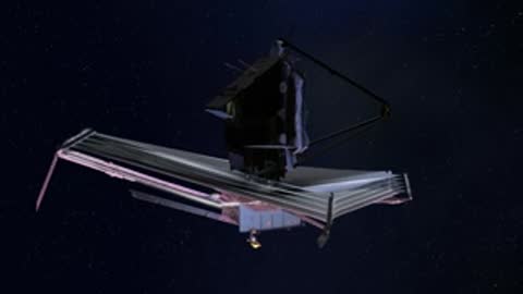 Animation showing JWST near a colorful cosmic nebula in deep space.