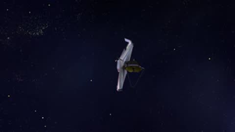Animation of JWST maneuvering near a distant stellar nursery in space.