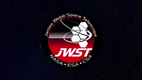 JWST mission logo featuring the telescope silhouette on a red and black badge.
