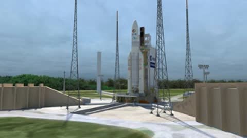 Wide shot of the launch pad with the Ariane 5 rocket ready for launch