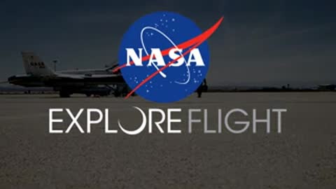 NASA logo centered above an airfield with a parked jet and walking figure.