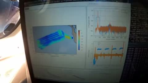 Computer monitor displaying data graphs and visualizations of an ocean experiment.
