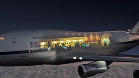 Animation of a Boeing 747 aircraft in flight with a cutaway view of the interior.