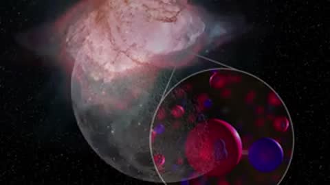 Animation showing the moon and a close-up of water molecules near a nebula.