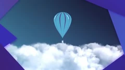 Animated graphic of a weather balloon floating above clouds in a blue sky.