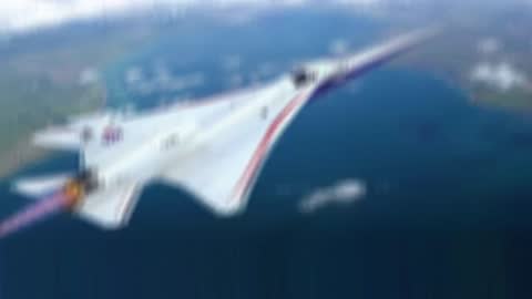 Supersonic aircraft flying through clouds and over a body of water