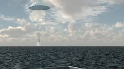 Animation of a spacecraft descending over the ocean beneath a parachute.