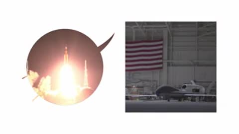 Compilation of rocket launches, NASA logos, and an aircraft in a hangar.