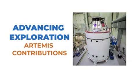 NASA Artemis spacecraft components in a facility with explanatory text overlay.