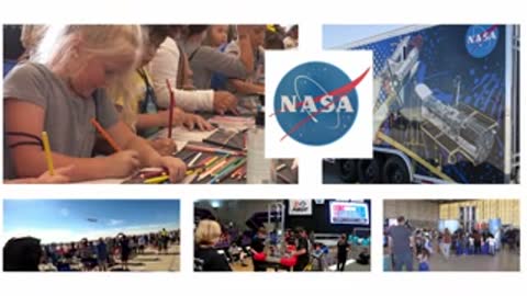 Compilation of children drawing, NASA banners, and a plane flying.