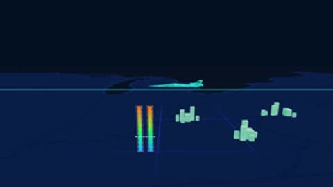 Digital interface showing flight simulation data with a green circular boundary indicator.