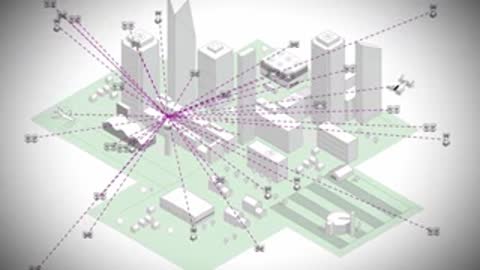 3D architectural rendering of an urban cityscape with advanced air mobility flight paths.