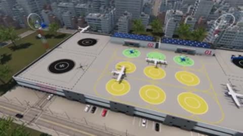 Simulation of a rooftop vertipad with multiple drone-like aircraft landing and taking off.