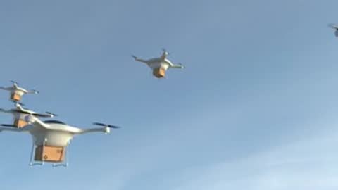 Multiple delivery drones flying in formation carrying boxes through the sky.