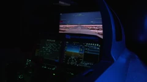 Simulated cockpit view with digital displays showing flight data against a blue virtual horizon.