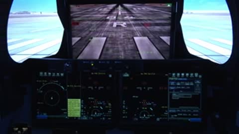 Simulated runway approach view from inside a cockpit with dual digital flight display screens.