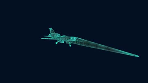 Wireframe 3D animation of an experimental supersonic aircraft rotating against a dark background.