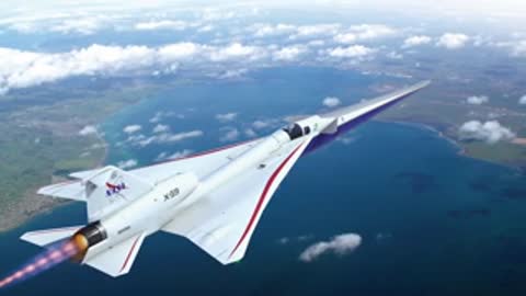 Supersonic aircraft in flight with engine exhaust plume over coastal land and clouds.