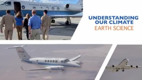 Composite montage of aircraft on tarmac, a business jet, and NASA climate research graphics.