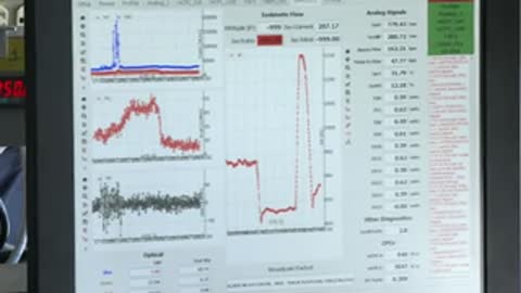 A computer screen shows scientific charts and numerical data.