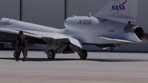 Rear view of the NASA X-59 aircraft during taxiing.