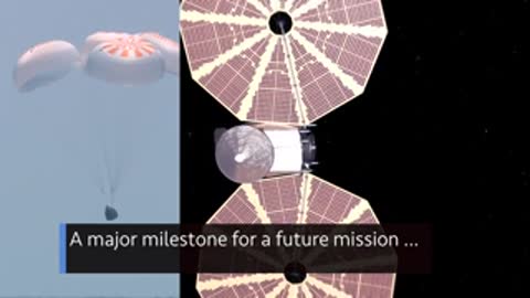 Spacecraft descends next to an animated diagram of a solar satellite.