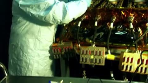 A close-up of a technician working with wiring on electronic panels in a cleanroom.