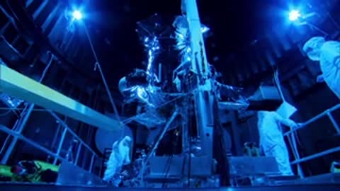 A wide shot of engineers and equipment under blue lighting inside the testing chamber.