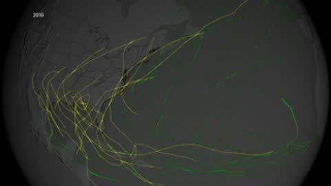 Map graphic showing hurricane tracks over the Atlantic Ocean and North America
