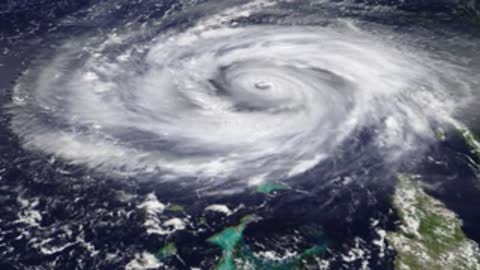 Satellite animation of a hurricane with recurring statistical pie charts