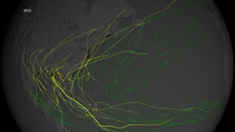 Animation of multiple storm trajectories plotted on a globe map