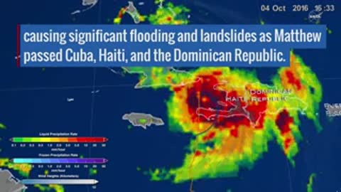 Radar map showing Hurricane Matthew causing flooding and landslides in Cuba, Haiti, and the Dominican Republic