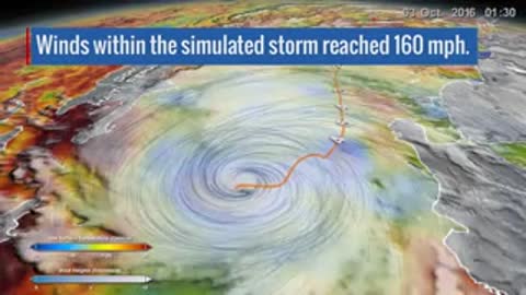 Simulated storm showing winds reaching 160 mph over a coastline map