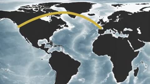 Map of the Atlantic Ocean with a yellow arc showing an eclipse path
