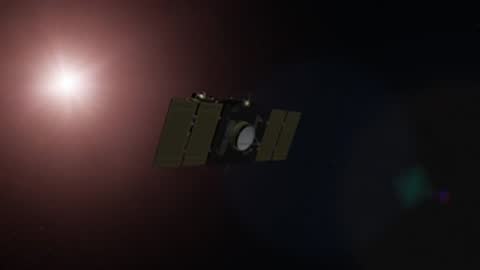 3D animation of a satellite in orbit with a bright star in the background