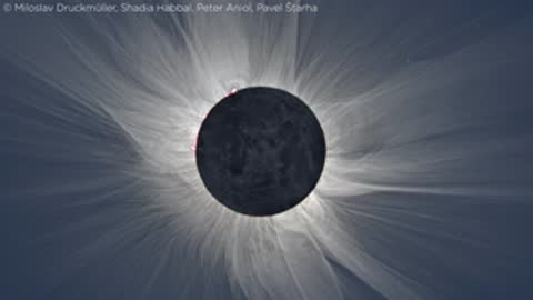Close-up black and white photograph of a total solar eclipse with solar details visible
