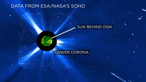 Space telescope imagery with digital overlays explaining solar corona and occulting disk